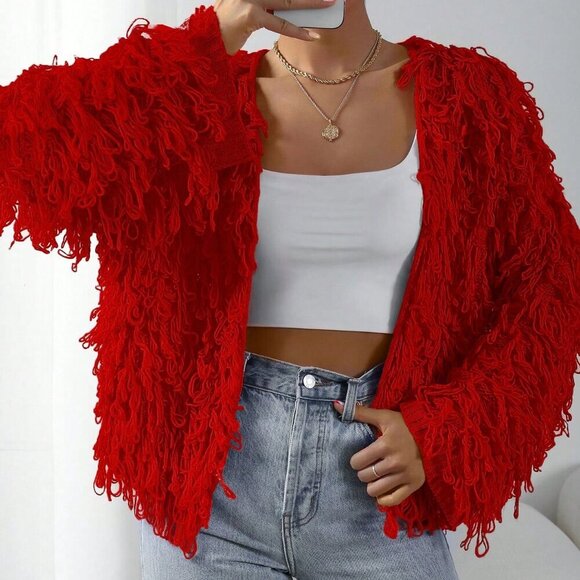 Red Casual Women's Fringe detailed Versatile Long Sleeve knit sweater Cardigan - Picture 3 of 6